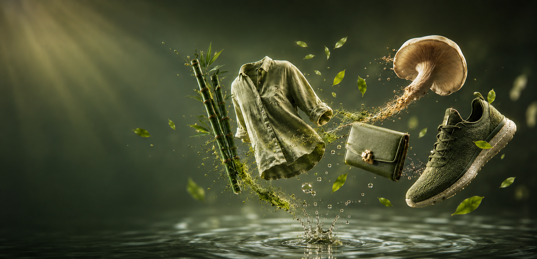 Plant-based products — linen shirt, bamboo, mushroom, plant-leather wallet and sneaker floating above water